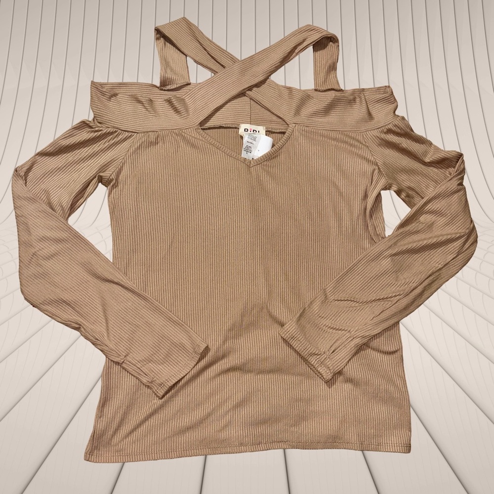 BiBi Tan Crisscross Off-Shoulder Long Sleeve Ribbed Knit Top - Women’s Size XL